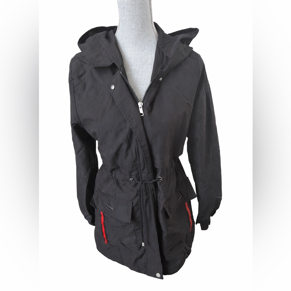 Banleaci Black Hooded Utility Jacket Red Stripe Drawstring Waist M